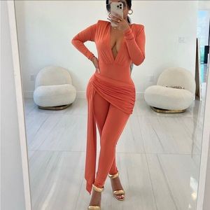 Coral Plunge Long Sleeve Jumpsuit
